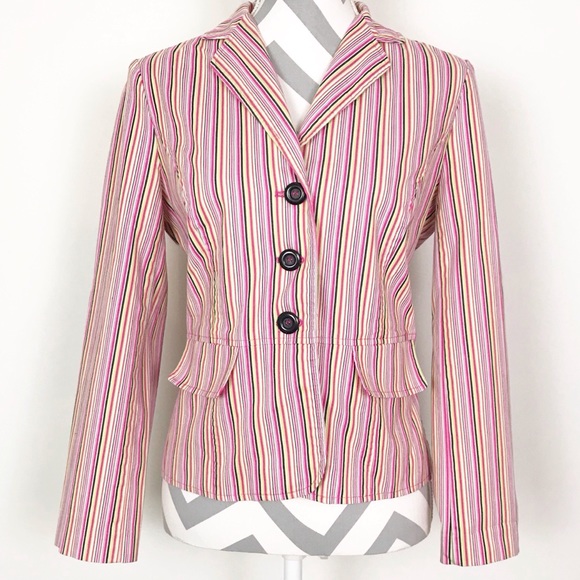 Vintage 90s Blazer Jacket Striped Fitted 3 Button Pink Blue Green White Cotton - Picture 3 of 7